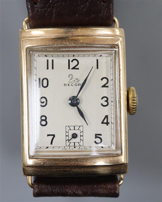 A gentlemans 1930s 9ct gold Record manual wind wrist watch, with rectangular Arabic dial and subsidiary seconds,
